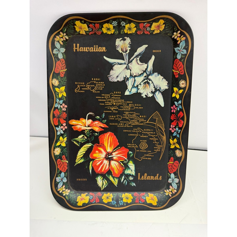 Vintage Hawaiian Islands Souvenir Tin Tray Map Orchid Hibiscus FloralBlack Metal